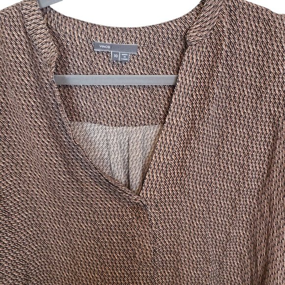 Vince Womens 10 Brown Diagonal Print Long Sleeves V-Neck Placket Silk Blouse - Picture 2 of 10